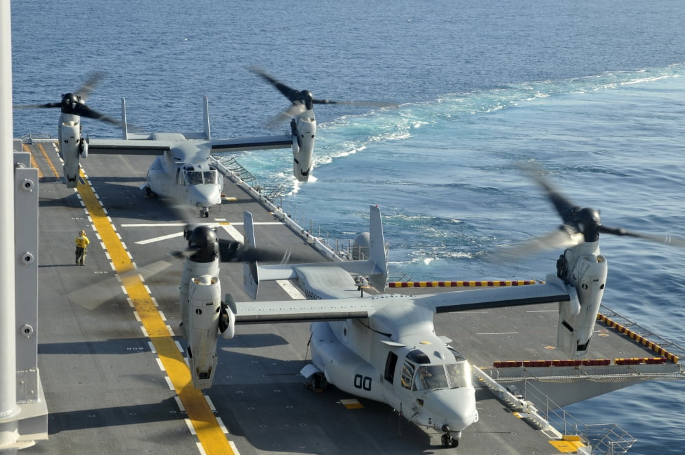 MV-22 Osprey aircraft land aboard USS Peleliu Canvas Art - Stocktrek Images (35 x 23)