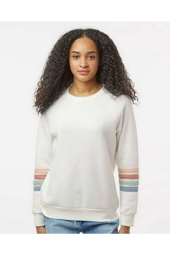 W23152 Women's Striped Sleeves Crewneck Sweatshirt-Ivory-S