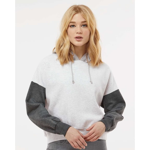 MV Sport Women�'s Sueded Fleece Colorblocked Crop Hooded Sweatshirt