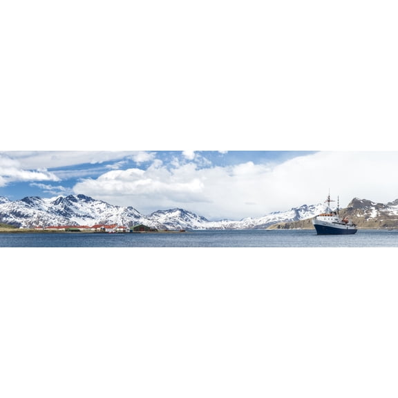 MV Ushuaia tourist ship and the British base King Edward Point seen from Grytviken South Georgia Island Canvas Art - Panoramic Images (27 x 9)