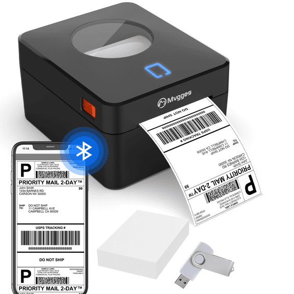 MVGGES Bluetooth Thermal Shipping Label PrinterNo WiFi Connection, 4X6 Label Printer for Shipping Packages, Support Windows, Mac, iOS, iPhone, Android Black