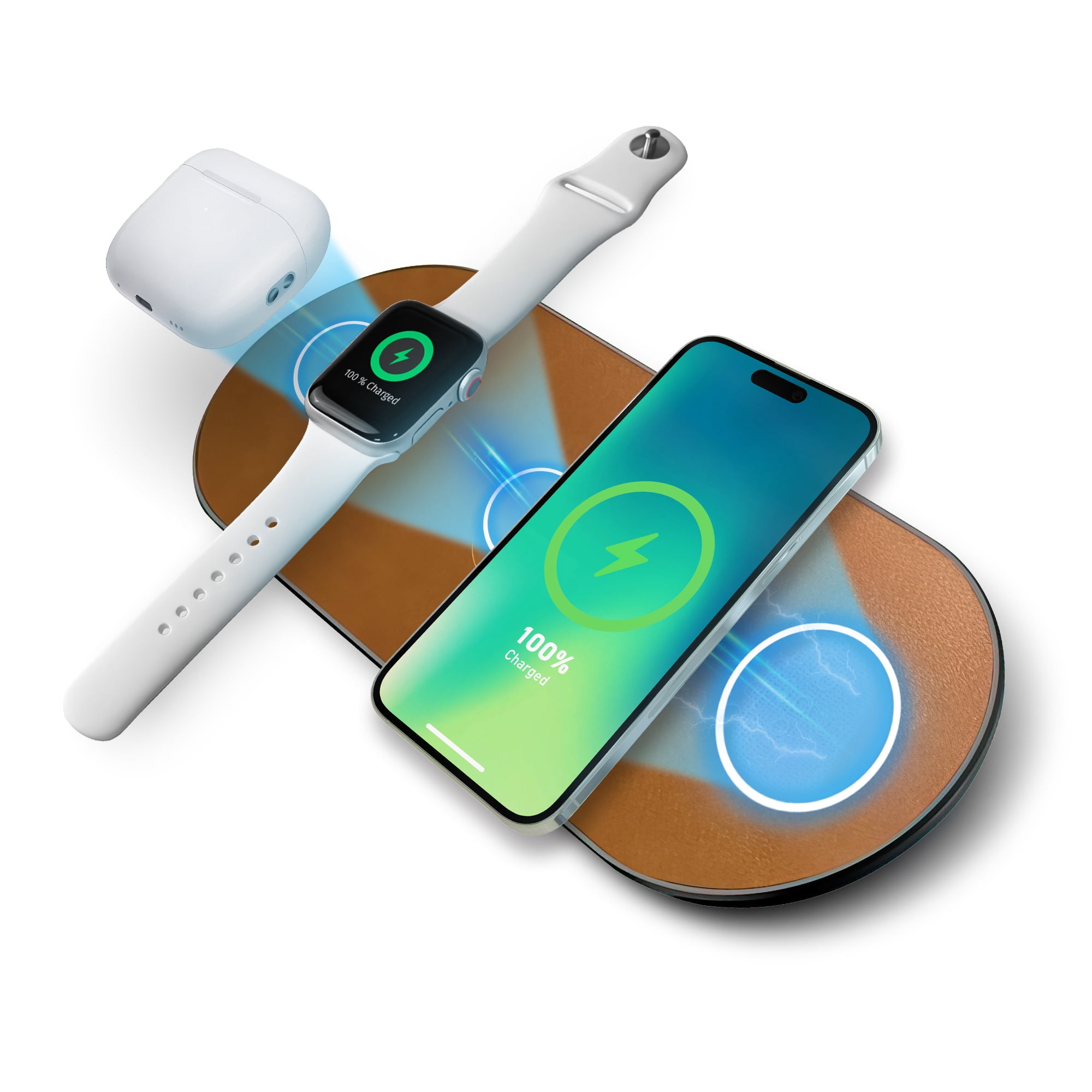 MVMT 15W Wireless Charging Pad Premium Vegan Leather 3-in-1 Fast Charger for Phone, AirPods & Apple Watch
