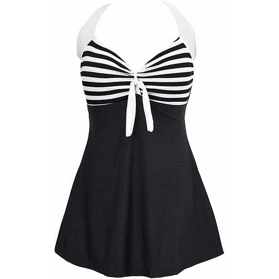 MVPCLO Women One Piece Swim Dress Stripe Tummy Control Swimdress Retro Skirted Swimsuit Bathing Suit