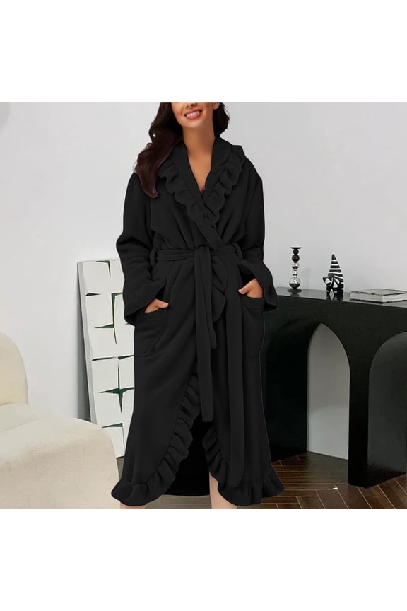 Bathrobe For Women Hooded Fleece Towelling Dressing Gown Lightweight Sauna Gown House Coat Long Bathrobe Plush Sleepwear Robes & Bathrobes Black M