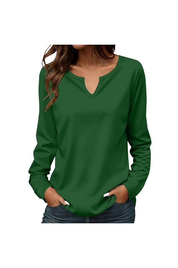 Blouses For Women Dressy Casual Women Casual Long Sleeve Solid Color V Neck Print Cotton Blend Tunic Top Blouse Brown S-3Xl