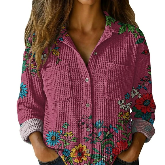 MVRLSH Blouses For Women Dressy Casual Women Print Button Up Blouse Long Sleeve Casual Lightweight Breathable All Season Top Pink S-5Xl