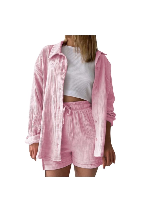 Blouses For Women Dressy Casual Solid Color Wrinkled Cloth Top Women Long Sleeve Slit Button Double Layer Wrinkled Fabric Casual Shirt Pink S-Xxl