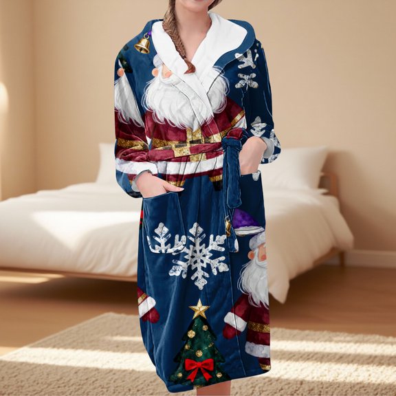 MVRLSH Christmas Pajamas Long Ankle-Length Hooded Waisted Nightgown With Pockets Soft Comfortable Home Wear Bathrobe Multicolor M-3Xl