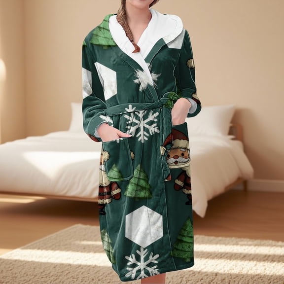 MVRLSH Christmas Pajamas Long Ankle-Length Hooded Waisted Nightgown With Pockets Soft Comfortable Home Wear Bathrobe Multicolor M-3Xl