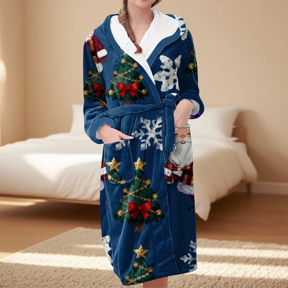 MVRLSH Christmas Pajamas Long Ankle-Length Hooded Waisted Nightgown With Pockets Soft Comfortable Home Wear Bathrobe Multicolor M-3Xl