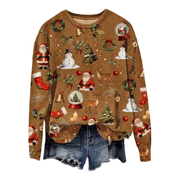 MVRLSH Essentials Hoodies for Women Christmas Tree Graphic Crewneck Long Sleeve Holiday Pullover Tops Spring Fall Layering Daily Outfit Match Sweatshirt Brown - XL