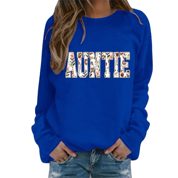 MVRLSH Essentials Hoodies for Women Custom Auntie Letter Print Crewneck Casual Long Sleeve Pullover Spring Fall Layering Daily Outfit Match Sweatshirt Blue - L