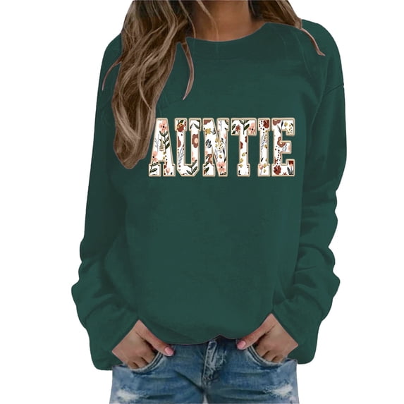 MVRLSH Essentials Hoodies for Women Custom Auntie Letter Print Crewneck Casual Long Sleeve Pullover Spring Fall Layering Daily Outfit Match Sweatshirt Multicolor - XXXL