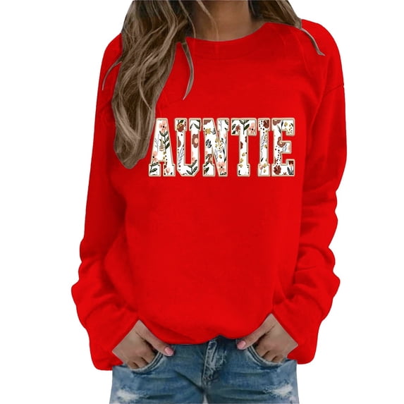 MVRLSH Essentials Hoodies for Women Custom Auntie Letter Print Crewneck Casual Long Sleeve Pullover Spring Fall Layering Daily Outfit Match Sweatshirt Red - XXXL