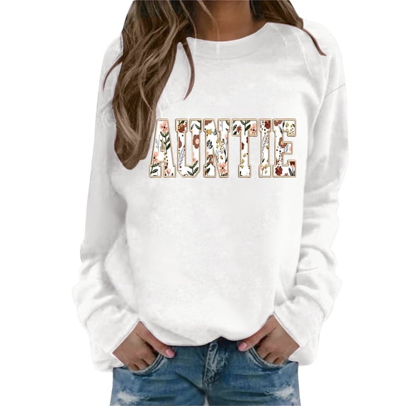 MVRLSH Essentials Hoodies for Women Custom Auntie Letter Print Crewneck Casual Long Sleeve Pullover Spring Fall Layering Daily Outfit Match Sweatshirt White - L