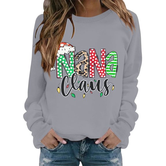 MVRLSH Essentials Hoodies for Women Funny Christmas Graphic Crewneck Long Sleeve Casual Pullover Tops Spring Fall Layering Daily Outfit Match Sweatshirt Gray - XXXL