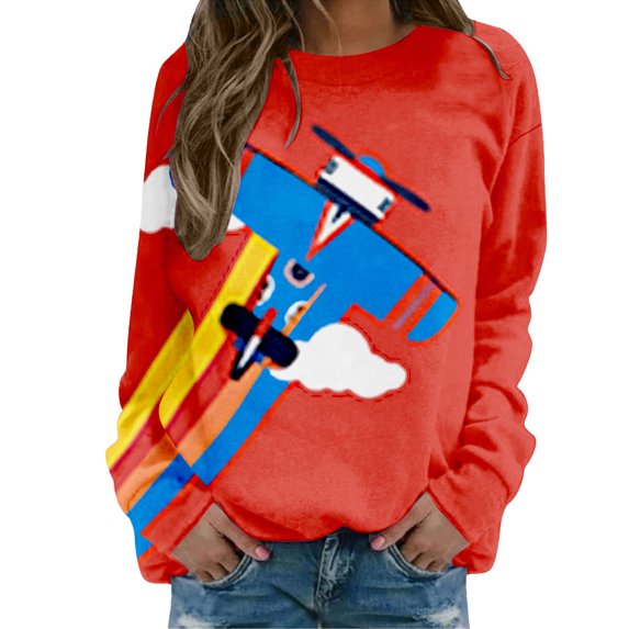 MVRLSH Essentials Hoodies for Women Graphic Print Crewneck Long Sleeve Casual Fashion Oversized Spring Fall Layering Daily Outfit Match Sweatshirt Red - M
