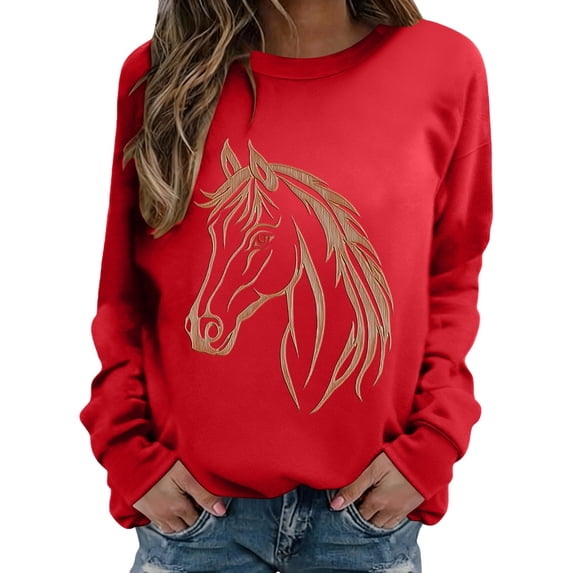 MVRLSH Essentials Hoodies for Women Horse Riding Graphic Crewneck Loose Long Sleeve Casual Pullover Tops Spring Fall Layering Daily Outfit Match Sweatshirt Red - L