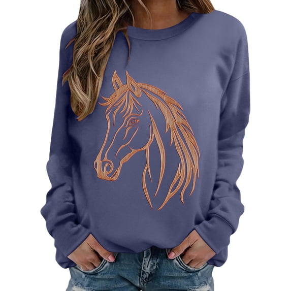MVRLSH Essentials Hoodies for Women Horse Riding Graphic Crewneck Loose Long Sleeve Casual Pullover Tops Spring Fall Layering Daily Outfit Match Sweatshirt Blue - L