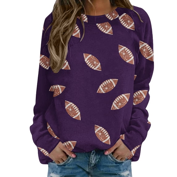 MVRLSH Essentials Hoodies for Women Sequin Football Graphic Crewneck Long Sleeve Casual Pullover Spring Fall Layering Daily Outfit Match Sweatshirt Purple - XL
