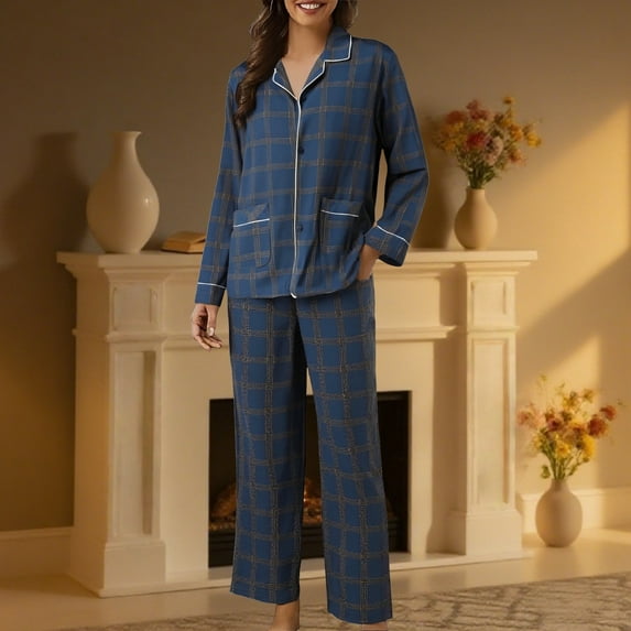 MVRLSH Fall Pajamas Women Cotton Plus Size Pajama Set Loose Fitting Home Clothing Blue Xxl