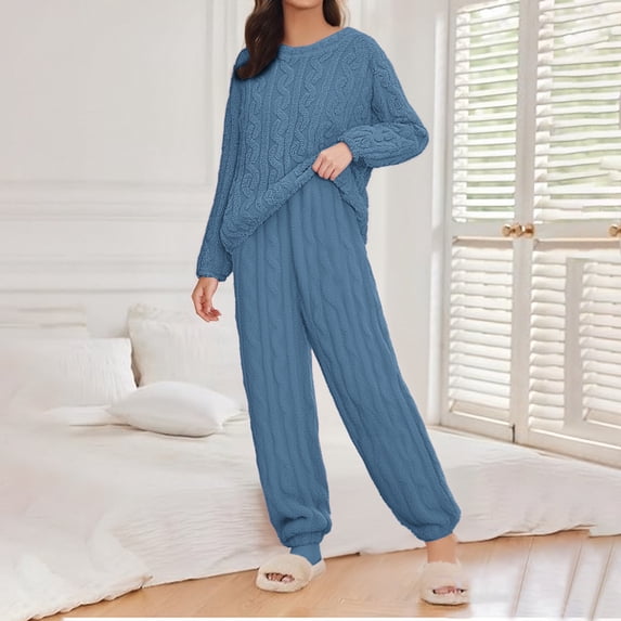 MVRLSH Fall Pajamas Women Fleece Pajama Sets Comfortable Pullover Tops Sleep Pants Lounging Warm Sleepwear Blue 4Xl