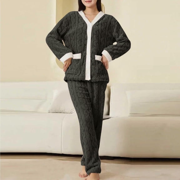 MVRLSH Fall Pajamas Women Fleece Pajama Sets Comfortable Pullover Tops Sleep Pants Lounging Warm Sleepwear With Coral Velvet Black One Size