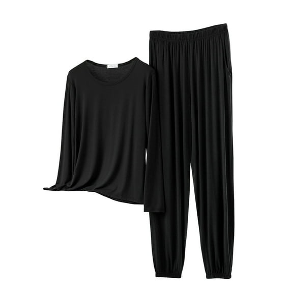 MVRLSH Fall Pajamas Women O Neck Long Sleeved Plus Size Home Suit Set Thin Design Solid Color Pants Two Piece Set Black Xxl