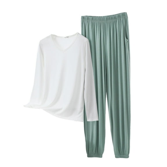 MVRLSH Fall Pajamas Women V Neck Long Sleeved Plus Size Home Suit Set Thin Design Solid Color Pants Two Piece Set Multicolor L