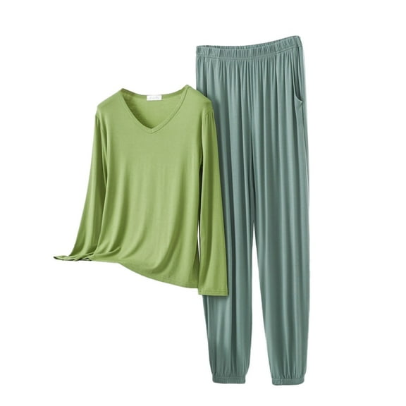 MVRLSH Fall Pajamas Women V Neck Long Sleeved Plus Size Home Suit Set Thin Design Solid Color Pants Two Piece Set Multicolor M