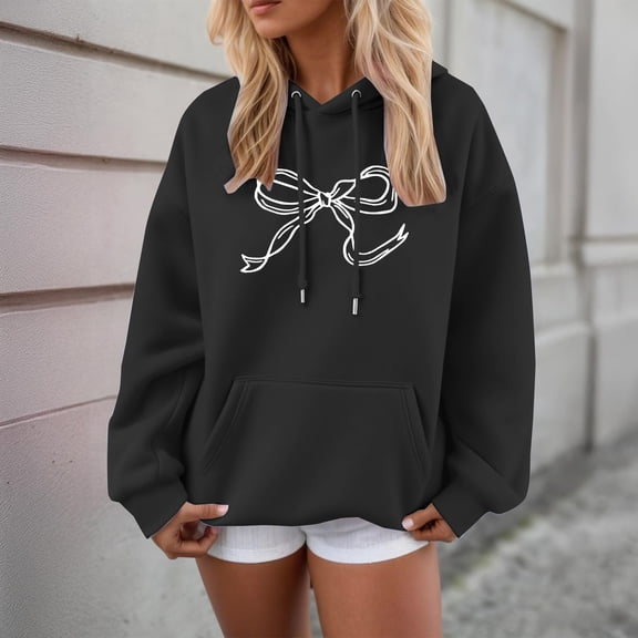 MVRLSH Hoodies For Women Bow Cute Graphic Print Hooded Sweatshirt Trendy Aesthetic Casual Pullover Polyester Black M-3Xl