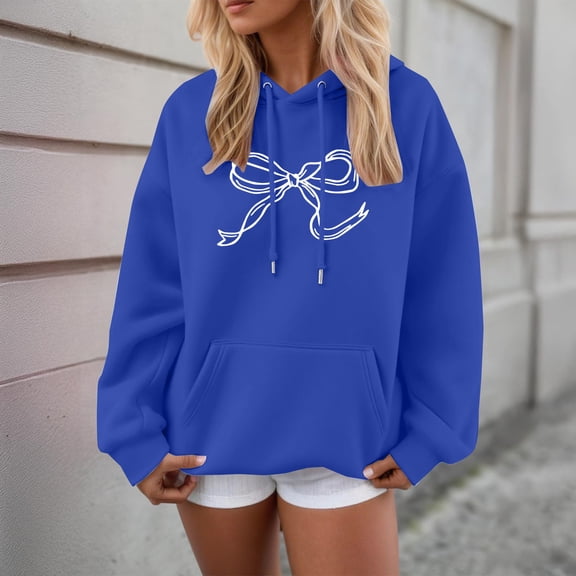 MVRLSH Hoodies For Women Bow Cute Graphic Print Hooded Sweatshirt Trendy Aesthetic Casual Pullover Polyester Blue M-3Xl