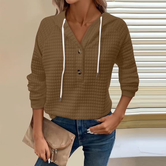 MVRLSH Hoodies For Women Casual Button Autumn Solid Winter Hooded Pullover Sweatshirt Loose Comfortable Brown M-3Xl