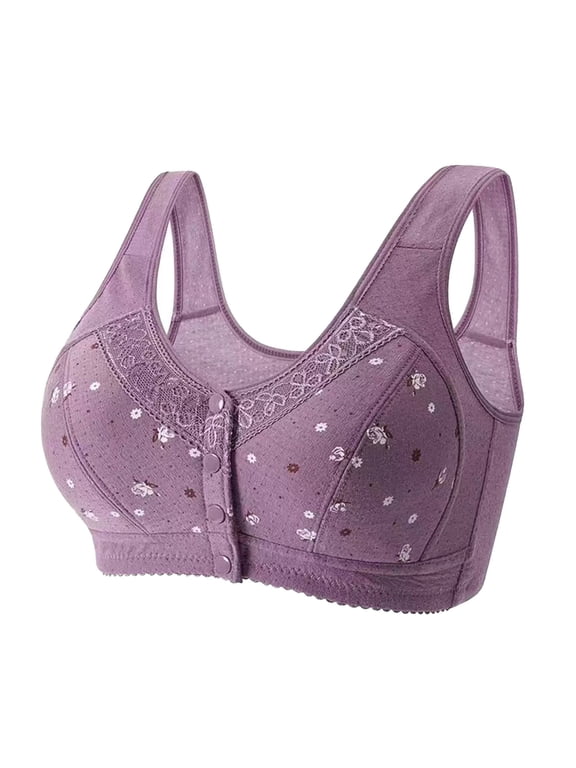 Jelly Bras For Women Front Closure Bra For Older Women No Underwire Full Coverage Bralette Soft Cotton Purple 38-50