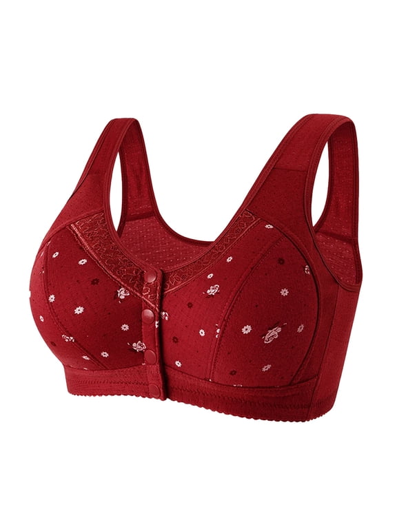 Jelly Bras For Women Front Closure Bra For Older Women No Underwire Full Coverage Bralette Soft Cotton Red 38-50