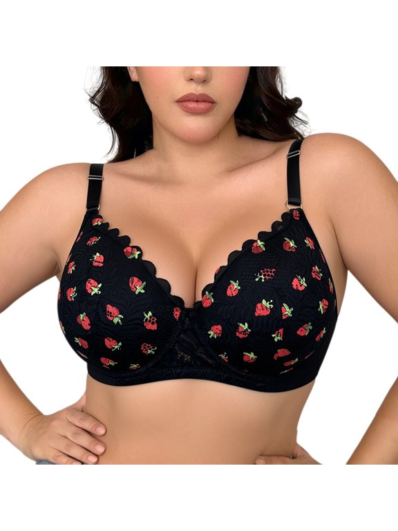 Jelly Sports Bras for Women Strawberry Print Lace Plus Size Scallop Edge Adjustable Straps Full Coverage Lingerie Smooth Seamless Underwear Bra Multicolor - XXL