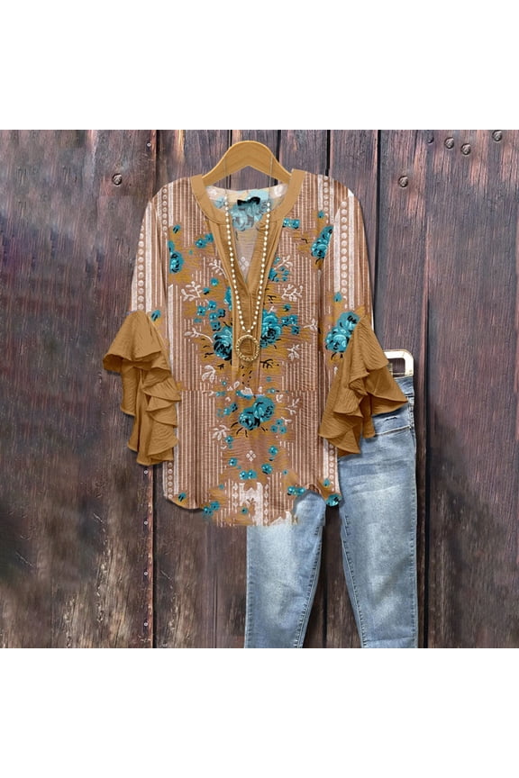 Long Sleeve Shirts For Women 3/4 Bell Sleeve V Neck Half Button Down Top Polyester Spandex Leopard Print Casual Summer Fall Brown S-5Xl