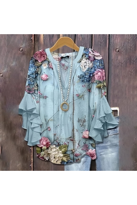 Long Sleeve Shirts For Women 3/4 Length Sleeves V Neck Half Button Down Blouse Bubbling Texture Breathable For Spring Summer Blue S-5Xl