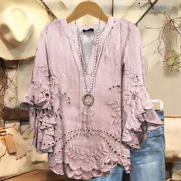 MVRLSH Long Sleeve Shirts For Women 3/4 Length Sleeves V Neck Half Button Down Blouse Bubbling Texture Breathable For Spring Summer Pink S-5Xl