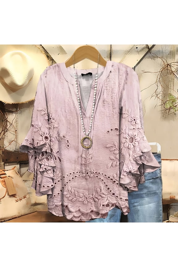 Long Sleeve Shirts For Women 3/4 Length Sleeves V Neck Half Button Down Blouse Bubbling Texture Breathable For Spring Summer Pink S-5Xl