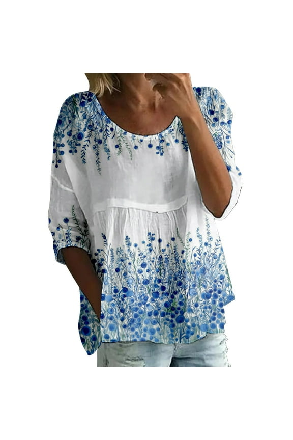 Long Sleeve Shirts For Women 3/4 Sleeve Floral Print T Shirt Women Loose Round Neck Bubble Wrinkles Blouse Blue S-5Xl
