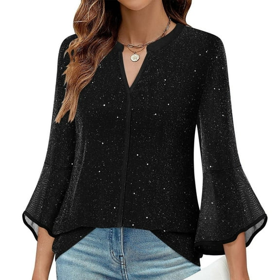 MVRLSH Long Sleeve Shirts For Women 3/4 Sleeve Mesh Layered Sequin Casual Loose Fit Ruffled Bell Sleeve Blouse Black S-Xxl