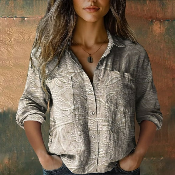 MVRLSH Long Sleeve Shirts For Women 3/4 Sleeve Printed Button Up Casual Blouse Bubble Wrinkles Fabric Fashionable Daily Tops Clear S-5Xl