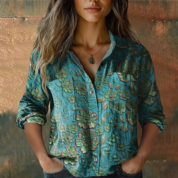 MVRLSH Long Sleeve Shirts For Women 3/4 Sleeve Printed Button Up Casual Blouse Bubble Wrinkles Fabric Fashionable Daily Tops Green S-5Xl