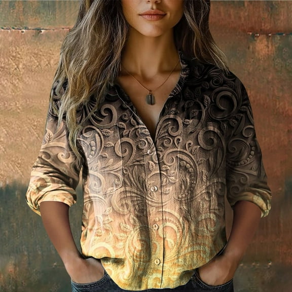 MVRLSH Long Sleeve Shirts For Women 3/4 Sleeve Printed Button Up Casual Blouse Bubble Wrinkles Fabric Fashionable Daily Tops Yellow S-5Xl