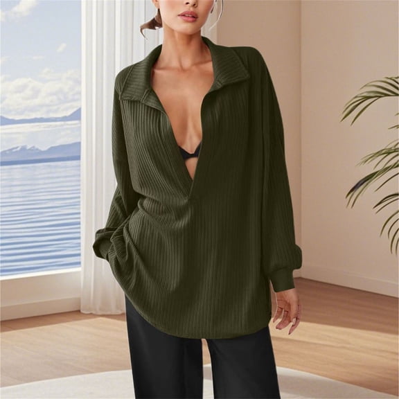 MVRLSH Long Sleeve Shirts For Women Deep V Neck Ribbed Knit Long Sleeve Blouse Solid Color Casual Comfortable Fall Winter Tops Black S-Xxl