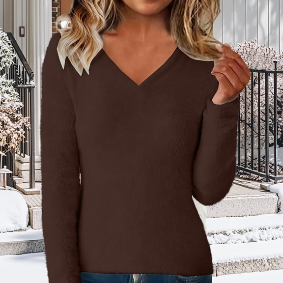 MVRLSH Long Sleeve Shirts For Women Long Sleeve Loose Fuzzy Plush Jumper Sweater Fashionable Soft Comfortable Tops Brown S-5Xl