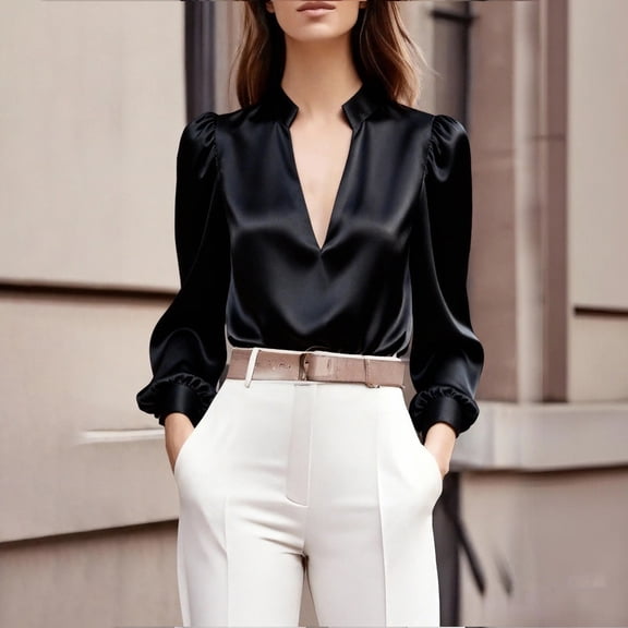 MVRLSH Long Sleeve Shirts For Women Long Sleeve Satin Button Down Fashionable Blouse Versatile Casual Daily Wear Tops Black S-Xxl