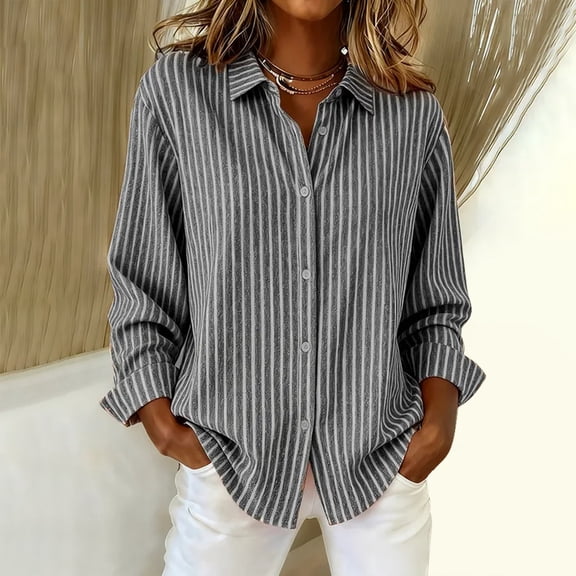 MVRLSH Long Sleeve Shirts For Women Long Sleeve Striped Printed Button Down Retro Loose Fit Casual Fashion Daily Tops Gray S-5Xl