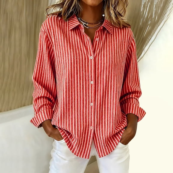 MVRLSH Long Sleeve Shirts For Women Long Sleeve Striped Printed Button Down Retro Loose Fit Casual Fashion Daily Tops Red S-5Xl